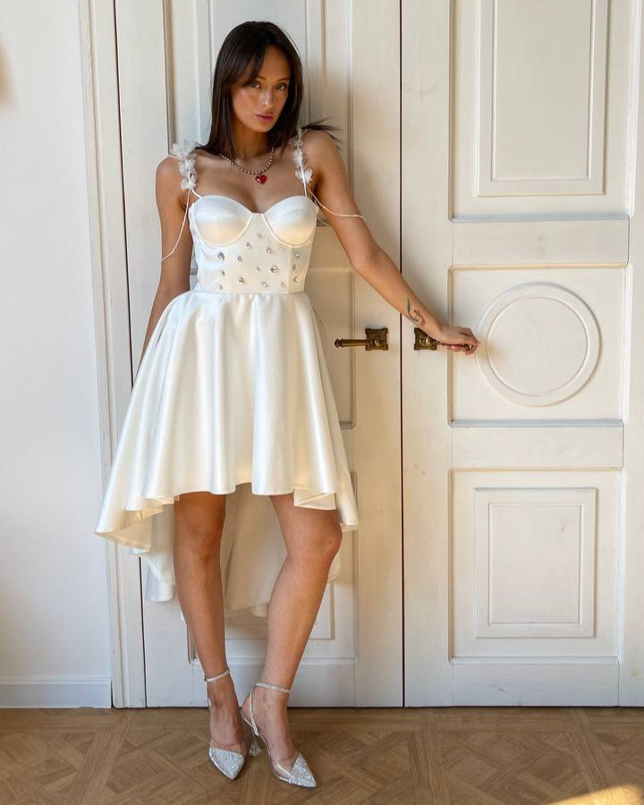 High-low wedding dress with crystal embellishments