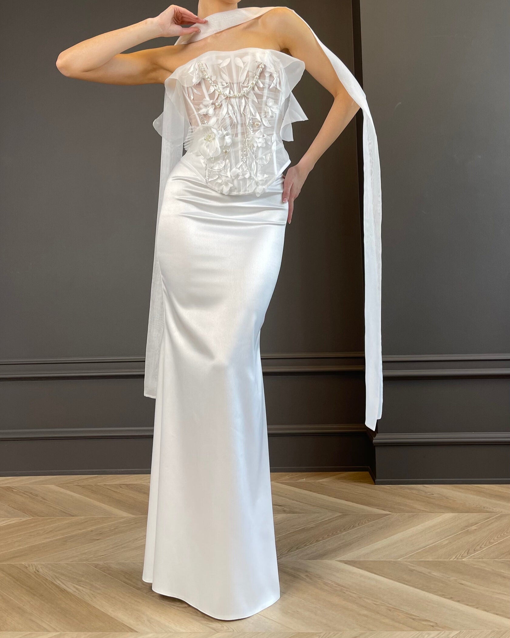 Corset wedding dress with satin skirt