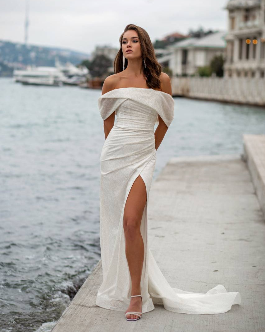 Glitter wedding dress with slit