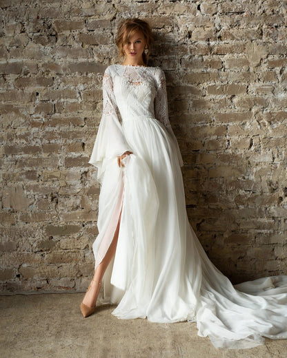 Boho lace chiffon wedding dress with a romantic lace bodice and flowing A-line chiffon skirt