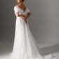Delicate pearl-detailed wedding dress with a draped bodice and lightweight skirt