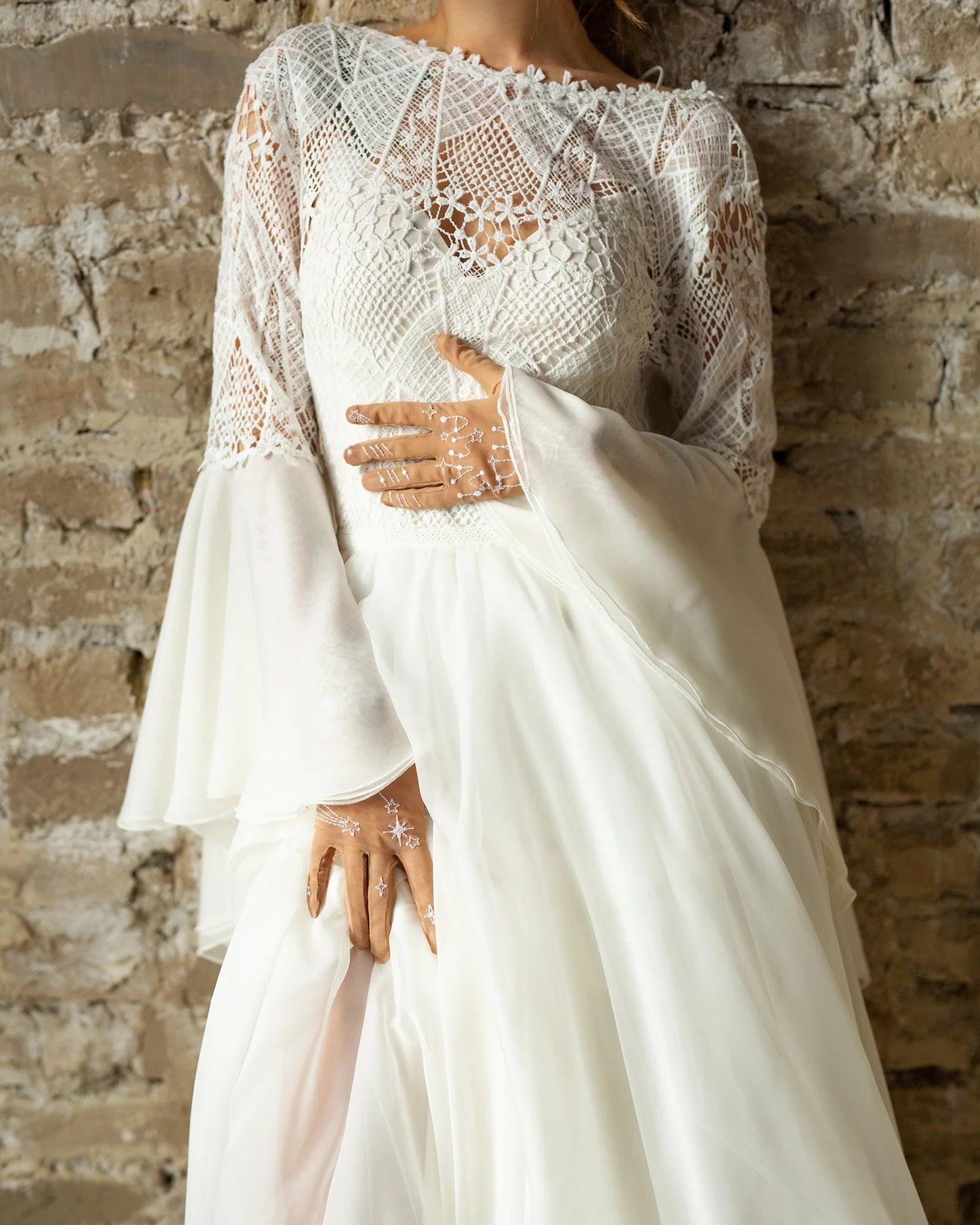 Flowing boho wedding dress with a dreamy, lightweight chiffon train and side slit