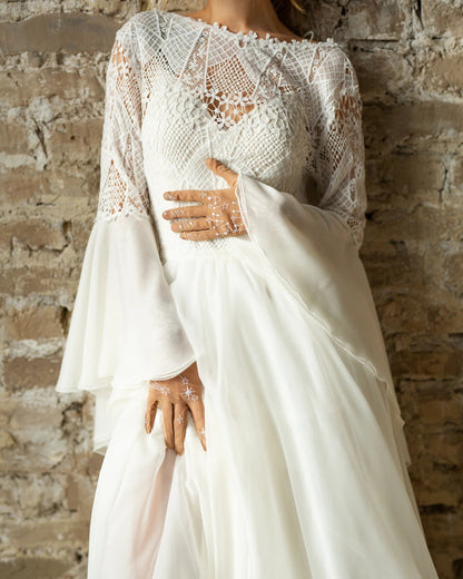 Flowing boho wedding dress with a dreamy, lightweight chiffon train and side slit