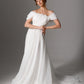 Off-the-shoulder pearl-embellished wedding dress with a flowing A-line silhouette
